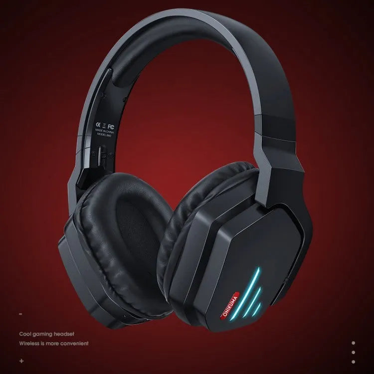 Luminous black wireless gaming headphones with head-mounted design showing NFC connectivity symbol