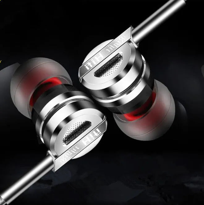 Black and silver metal HIFI in-ear headphones with inline microphone and control on cable.
