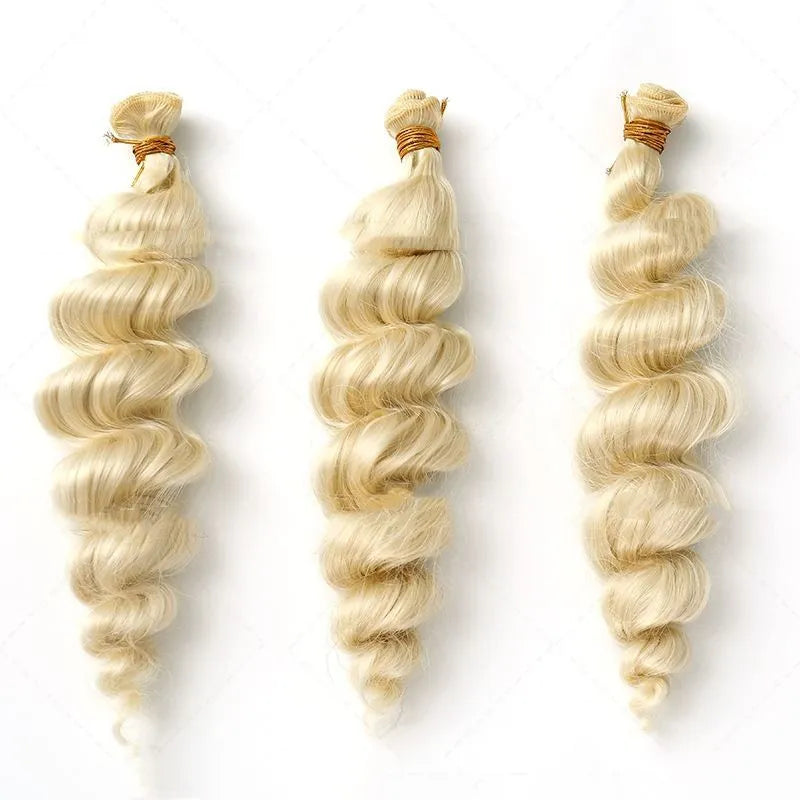 Golden blonde synthetic wig for women shown in 18, 20 and 22 inch length options.