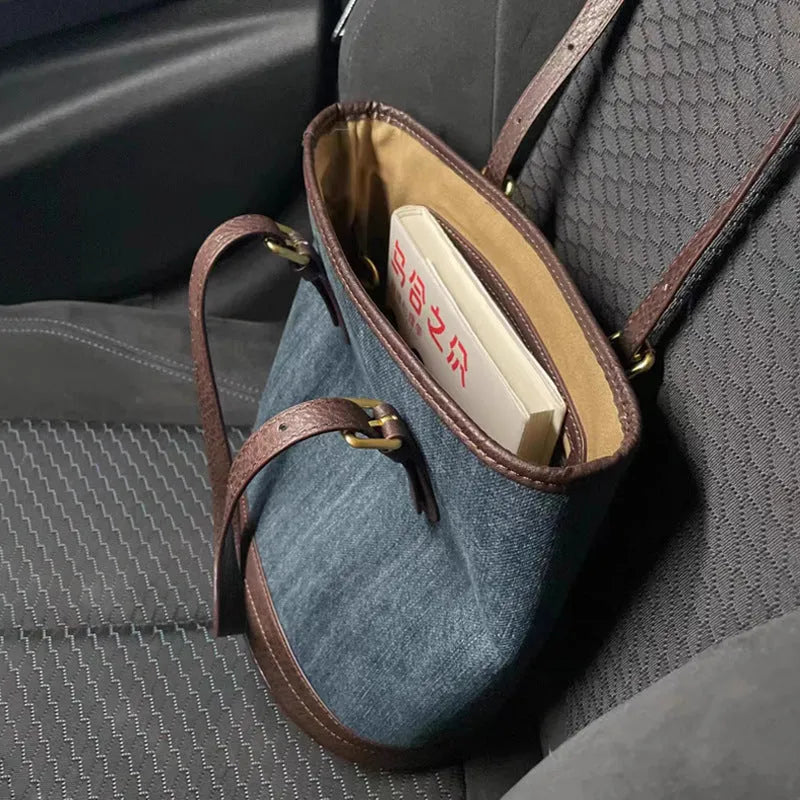 Denim patchwork retro bucket handbag with one-shoulder strap showing 23x27x16cm dimensions