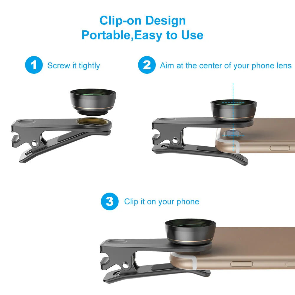 Black 6-in-1 smartphone lens kit with fisheye, wide angle, macro, telephoto, CPL and star filters on universal mounting clip