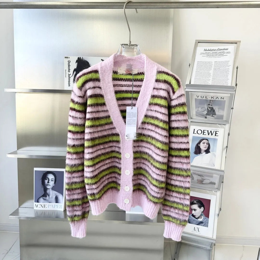 Pink wool knitted cardigan sweater in round-neck pullover and cardigan styles with contrast colour detailing