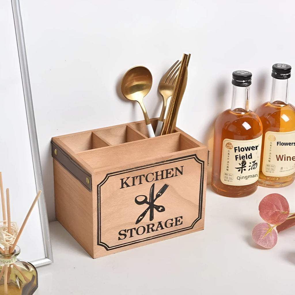 Wooden kitchen storage box with grid dividers for knife fork and chopstick organisation