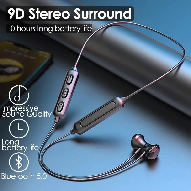 Black neck-mounted wireless sports earphones with custom logo printing area shown