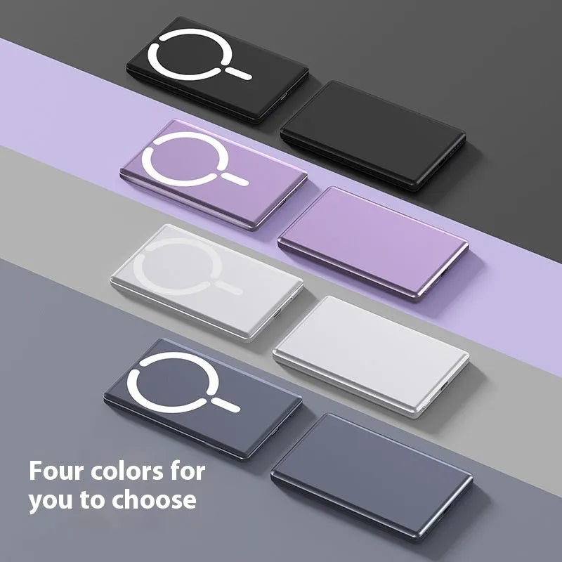 Ultra-thin magnetic power bank in black, dark grey, silver, or violet alloy casing