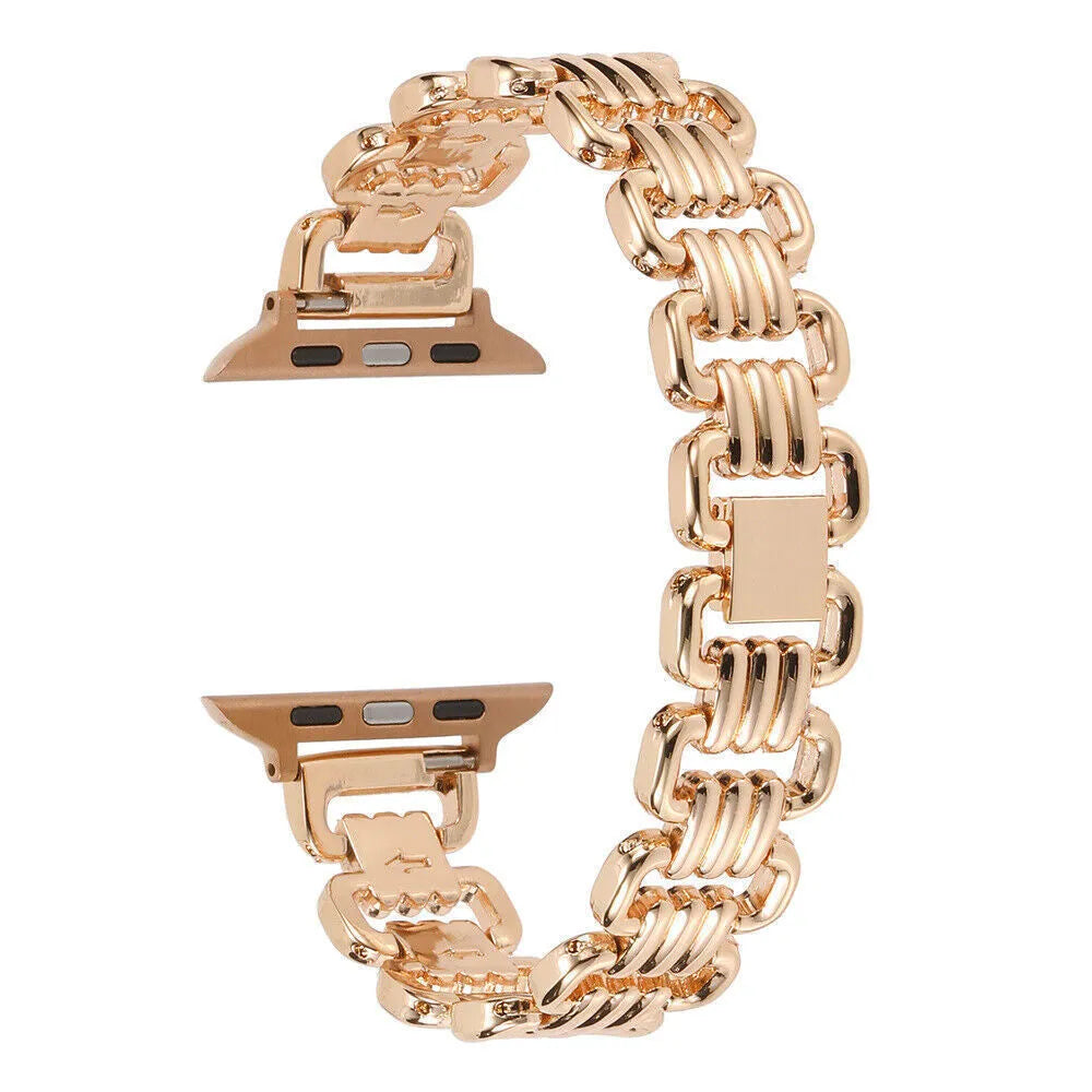 Alloy metal Apple Watch replacement bracelet in silver, black, gold, rose gold, and Starlight colours.