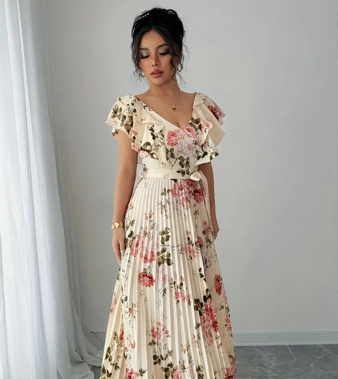 Apricot floral print dress with V-neck, ruffled sleeves and oversized swing skirt