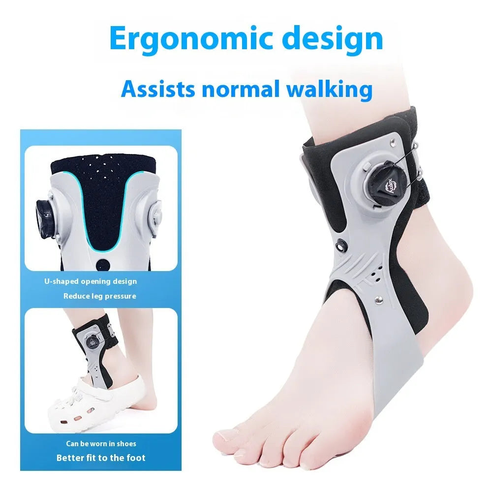 Grey ankle support brace with airbag button adjustment for training rehabilitation