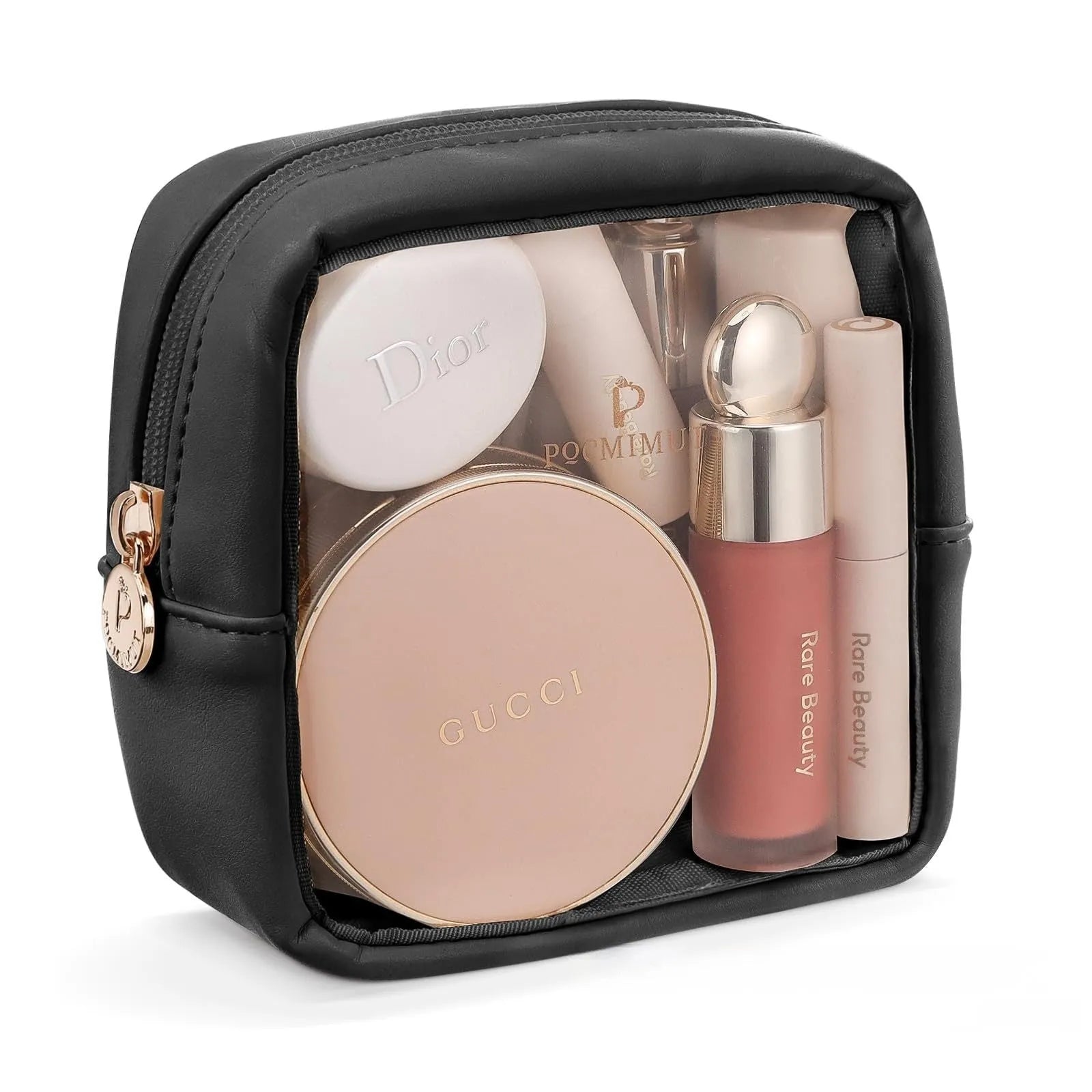 Transparent PVC cosmetic bag with waterproof lining showing dry wet separation compartments