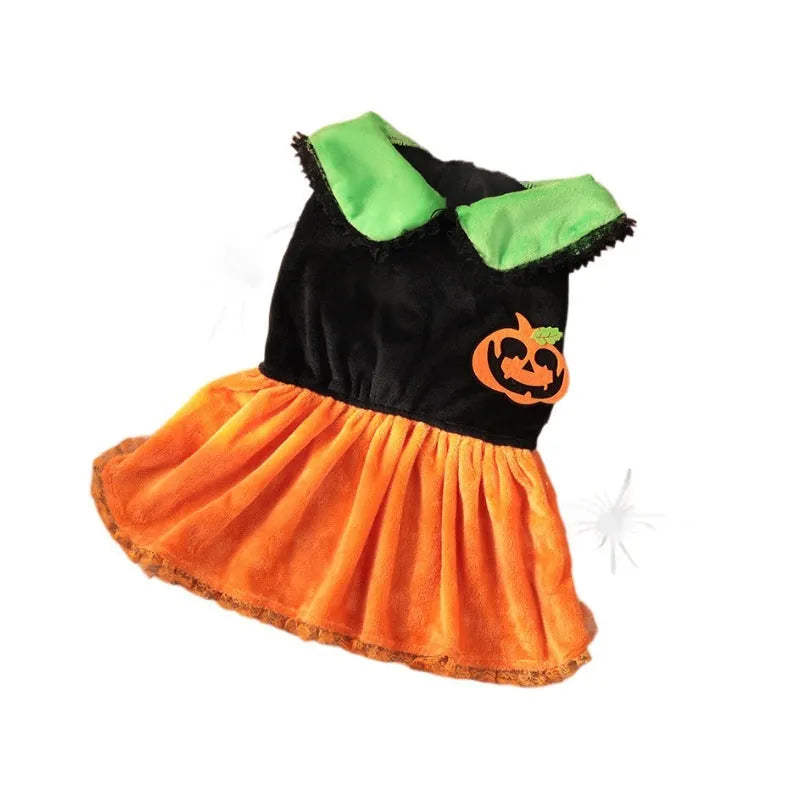 Crystal velvet pet Halloween costume in pumpkin skirt and sweater styles for small dogs and cats