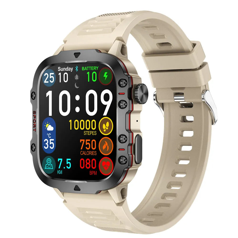 QX11 smartwatch with zinc alloy case on black silicone strap showing touch screen display