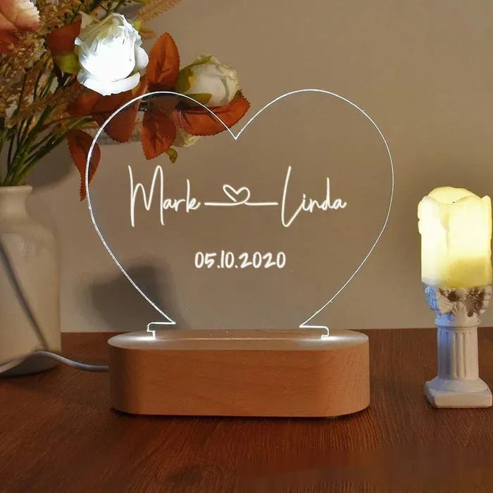 Custom acrylic LED night light with engraved names and date, 20cm by 11.5cm transparent modern art decor