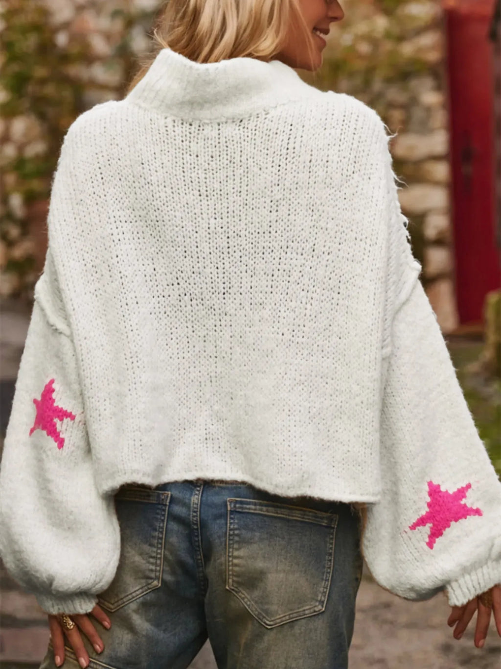 White women's loose turtleneck pullover with five-pointed star pattern in thick imitation velvet fabric