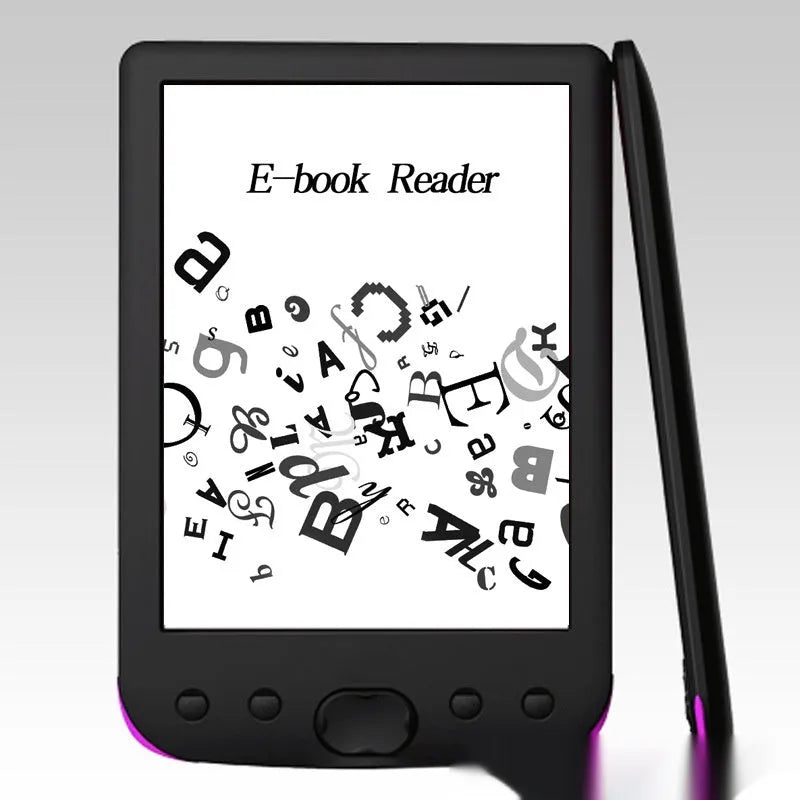 Black 6-inch E-ink screen e-book reader showing digital book display with multiple memory configuration options