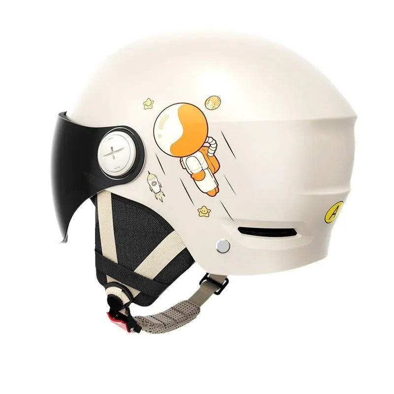 Khaki electric motorcycle half helmet with HD mirror lens on white background