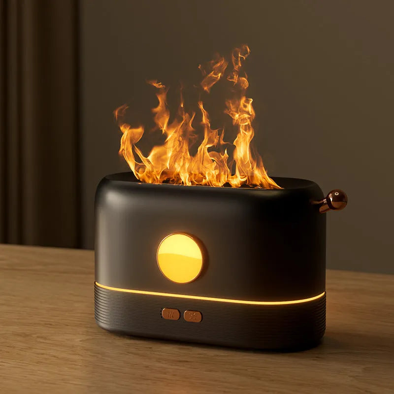 USB-powered desktop humidifier with simulated flame effect and 200ml water tank capacity