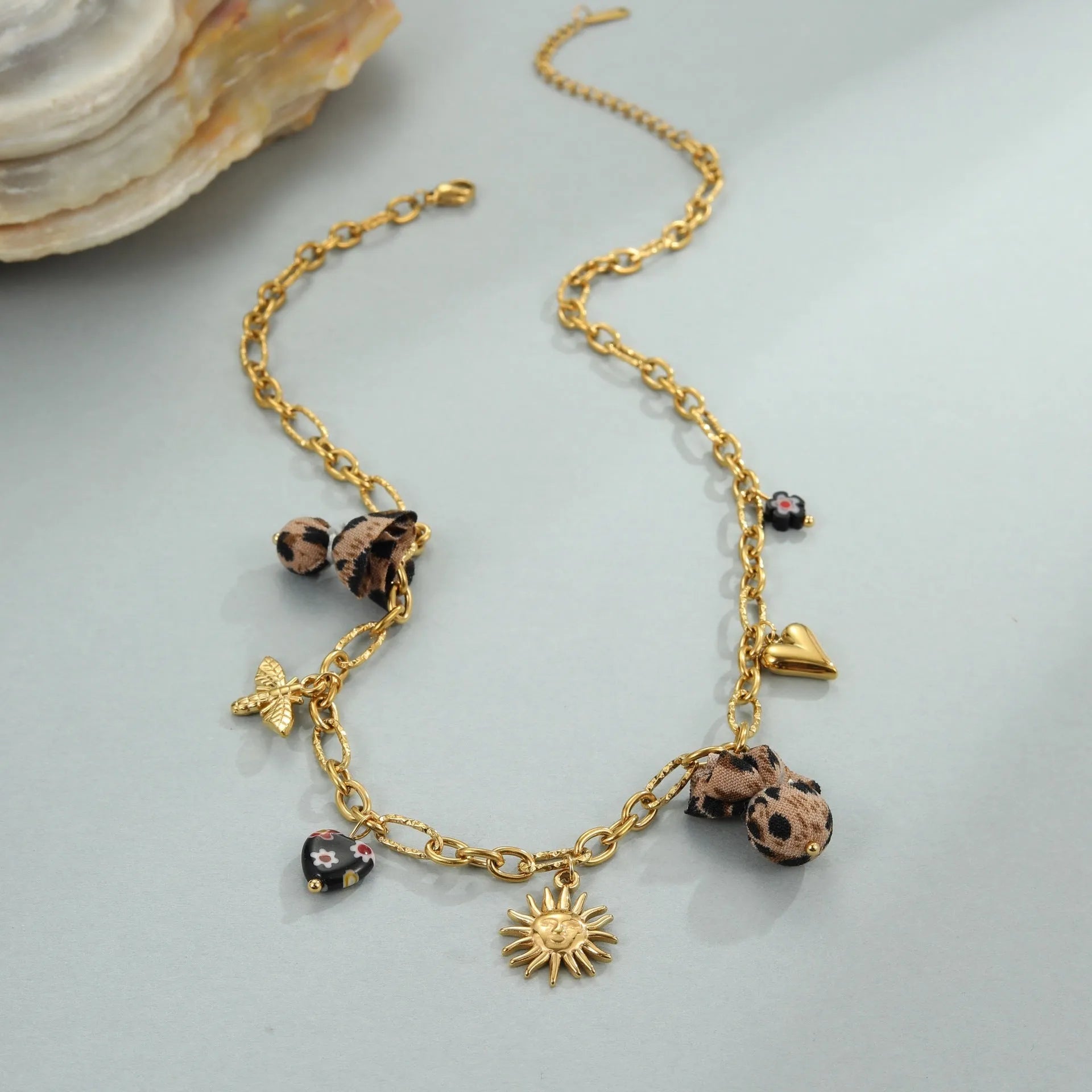 Geometric leopard and love heart flowers pendant necklace on stainless steel chain with 18K gold plating
