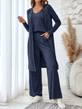 Blue women's three-piece suit with sling top, cardigan trousers and detachable suspenders