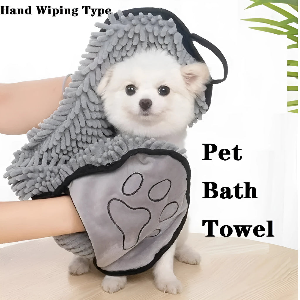 Blue dog bath towel with quick-dry absorbent fibre, measuring 62cm by 23cm.