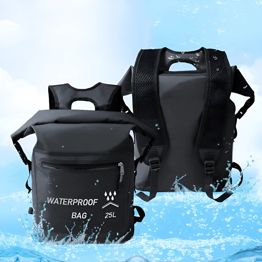 Black 25-litre waterproof backpack with 500D mesh construction for outdoor water sports.