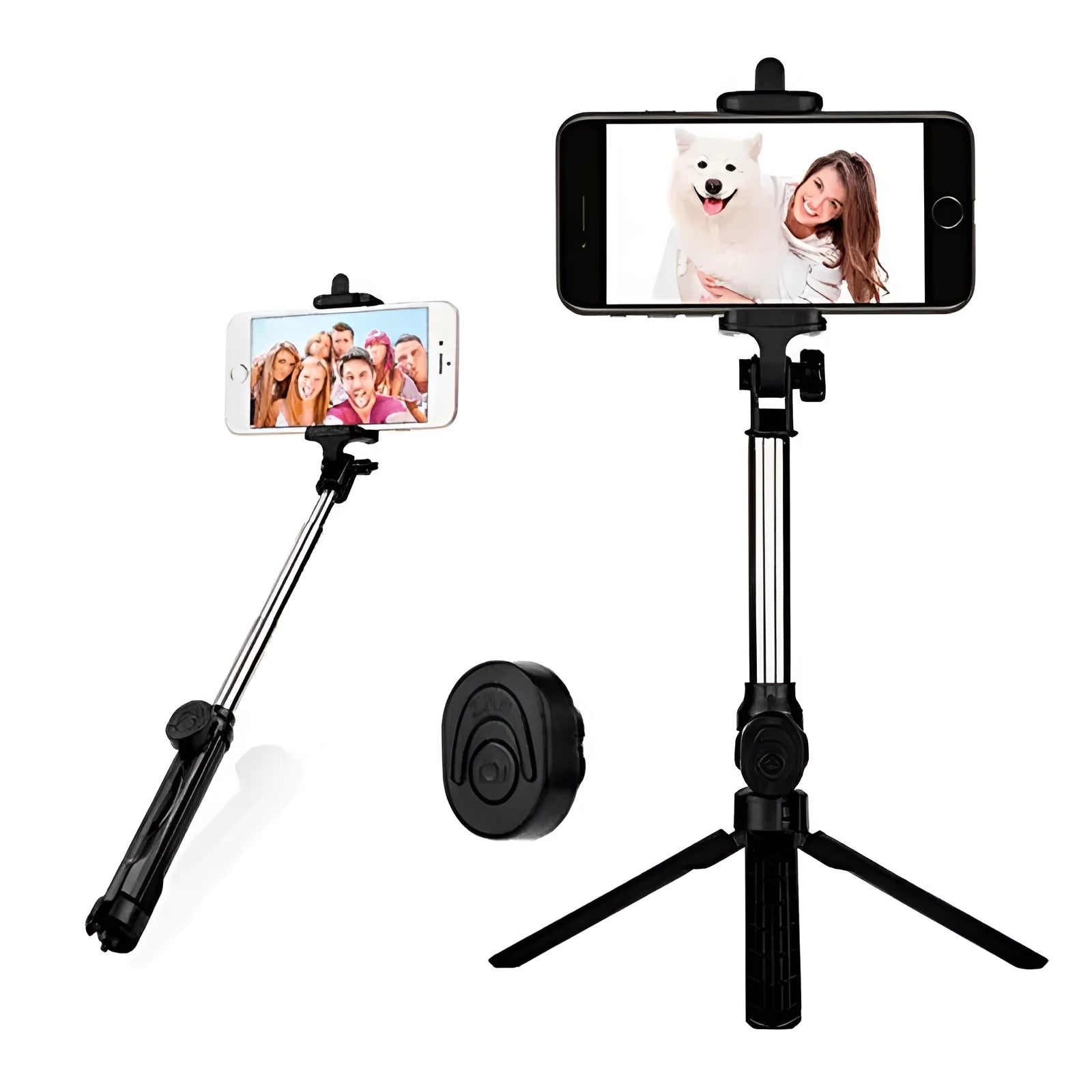 Black iPhone tripod selfie stand with extended aluminium rod and Bluetooth remote control