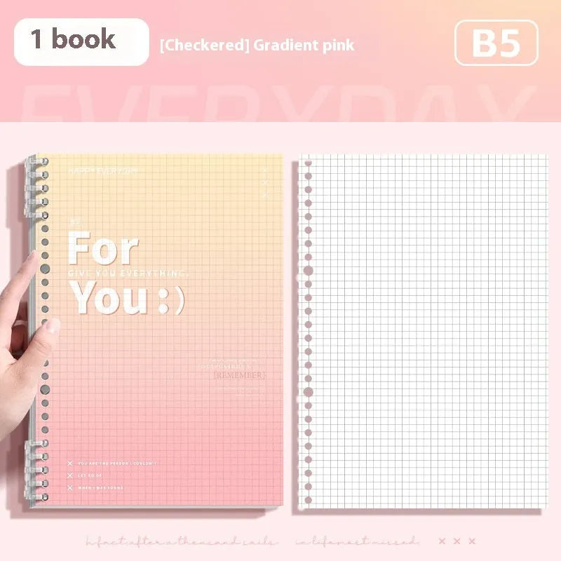 A4 and B5 removable coil notebooks with gradient coloured PP covers in green, blue, pink, and purple.