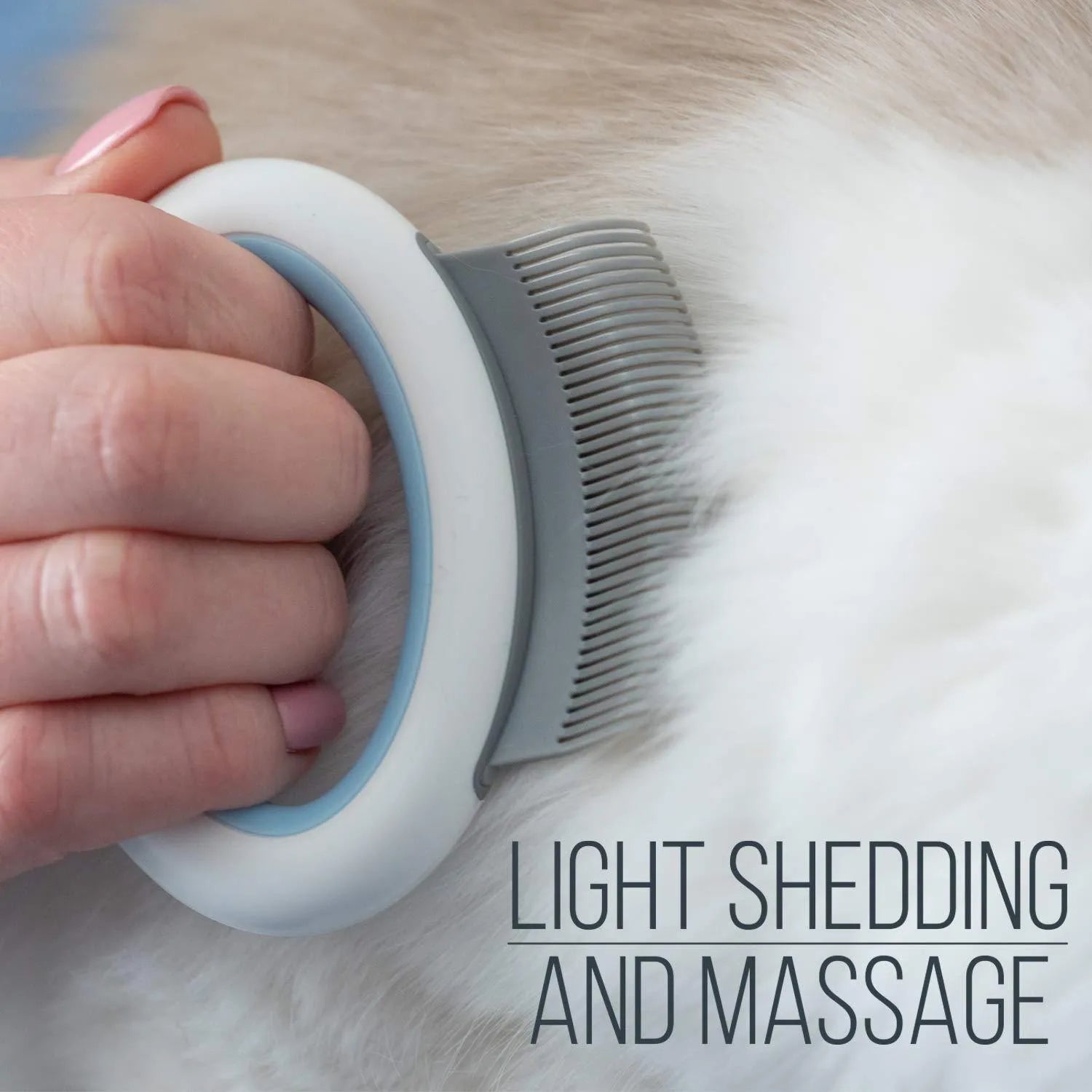 Blue pet grooming comb with ergonomic handle for deshedding and dematting cat and dog hair.