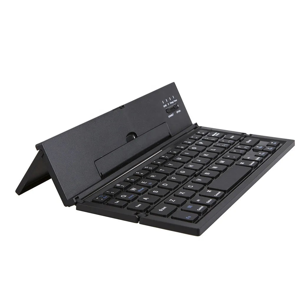 Black folding wireless Bluetooth keyboard for tablets with aluminium bottom and wrist support