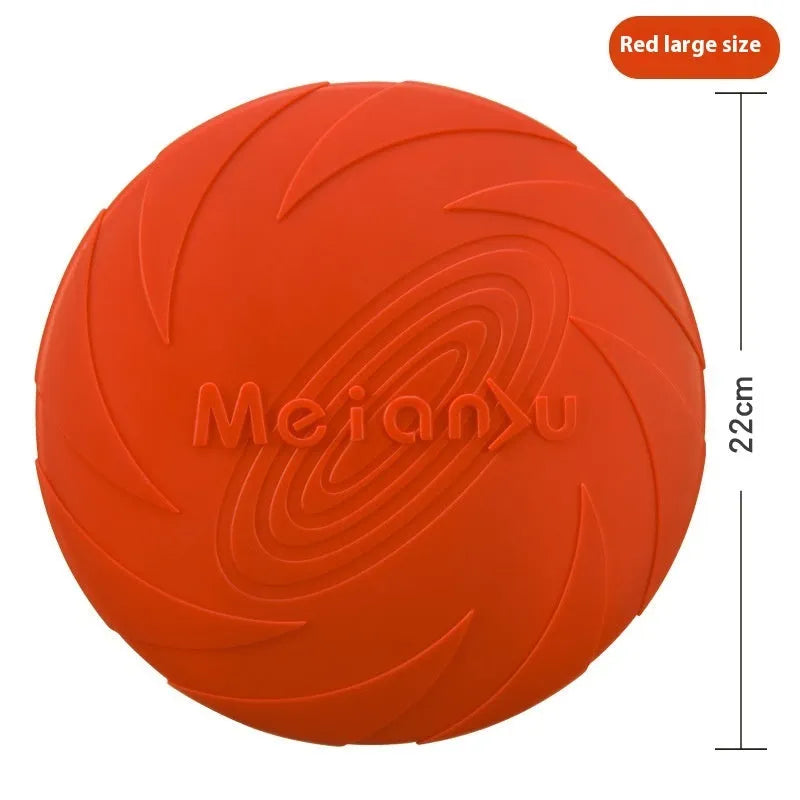 Soft rubber dog frisbee toy in blue, green, or red, shown in small, medium, and large sizes.