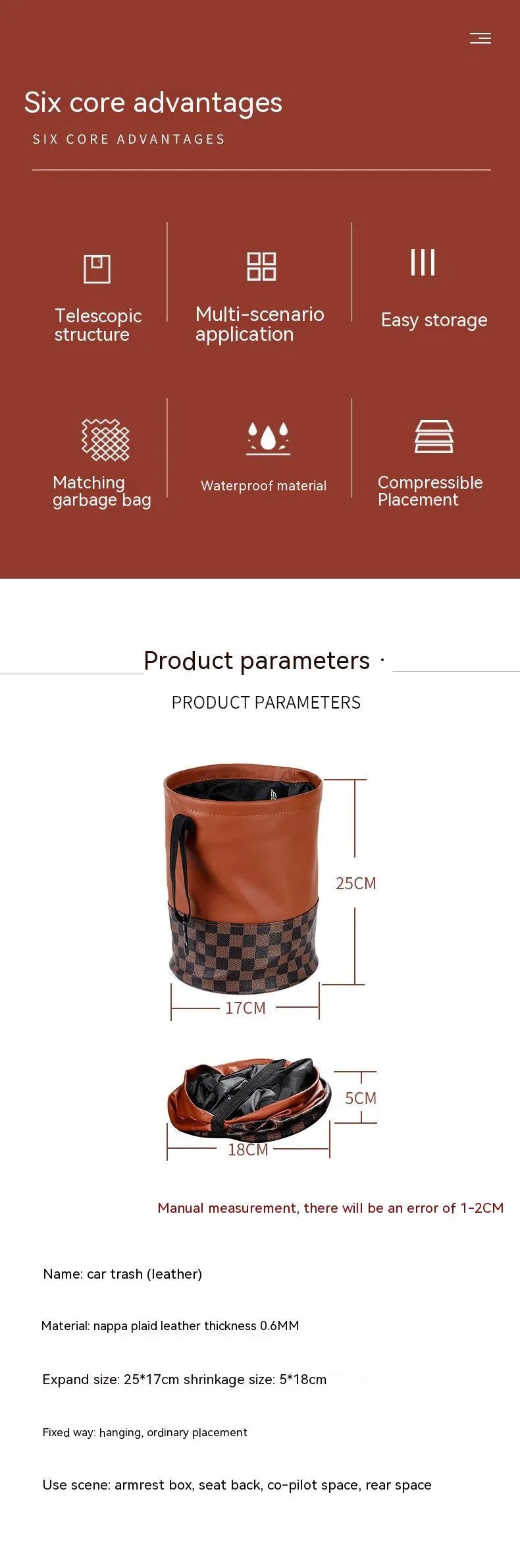 Leather retractable car interior trash can shown in folded and open states with carry handle.