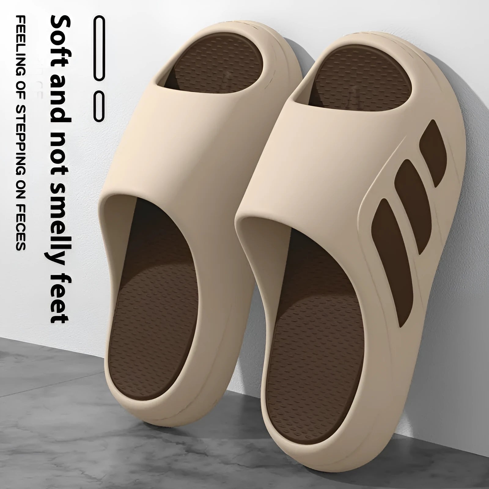 Men's and women's brown EVA platform slippers, flip flop style for indoor home use.
