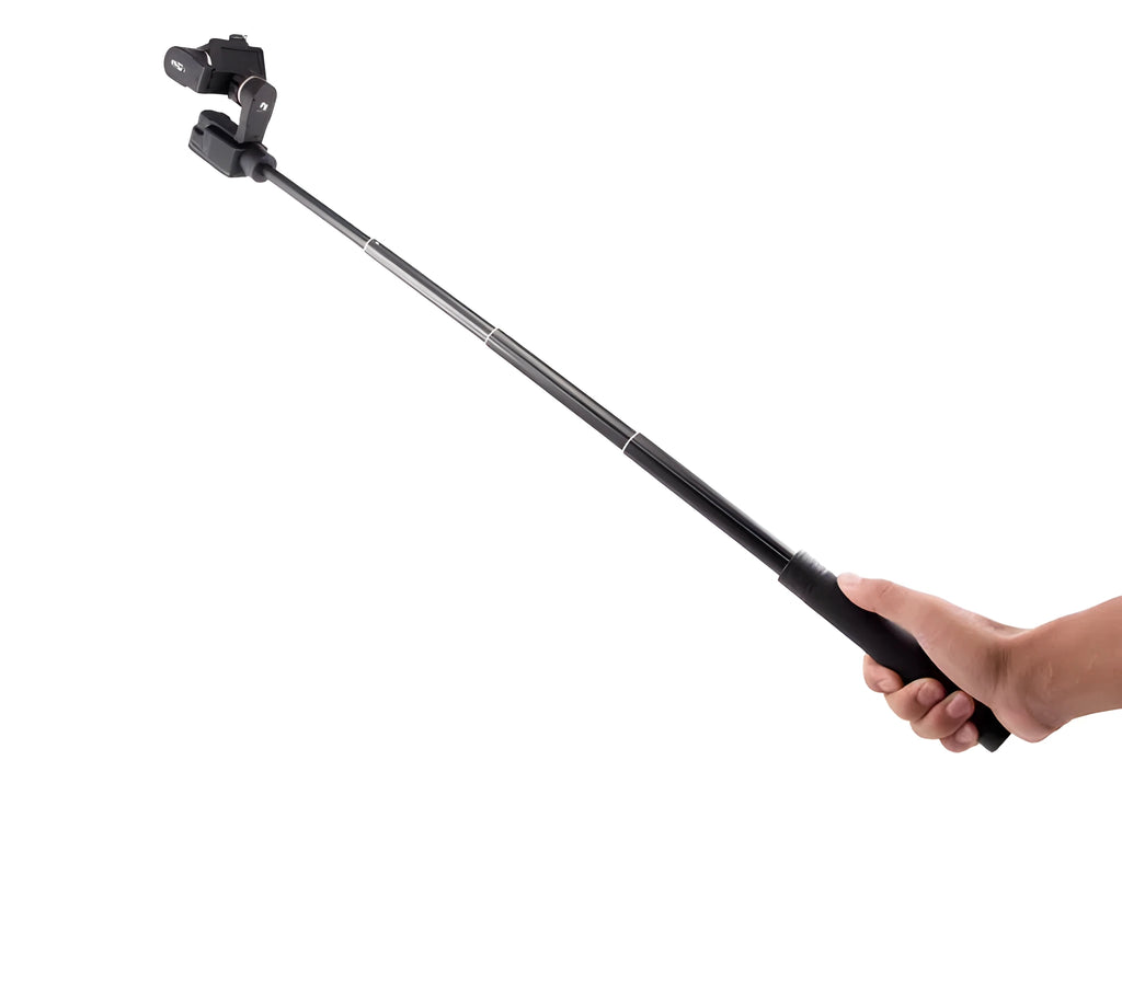 Black retractable selfie stick with phone bracket and anti-shake clip extended for use.