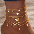 Butterfly pearl heart anklet 4-piece set in alloy with women's simple design