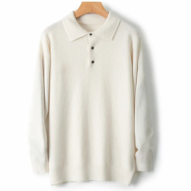 Men's wool sweater with polo collar in collegiate stitch design showing colour options
