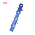 Aluminium alloy engine harness housing bracket in blue, red, and silver, showing versions with and without mounting holes.