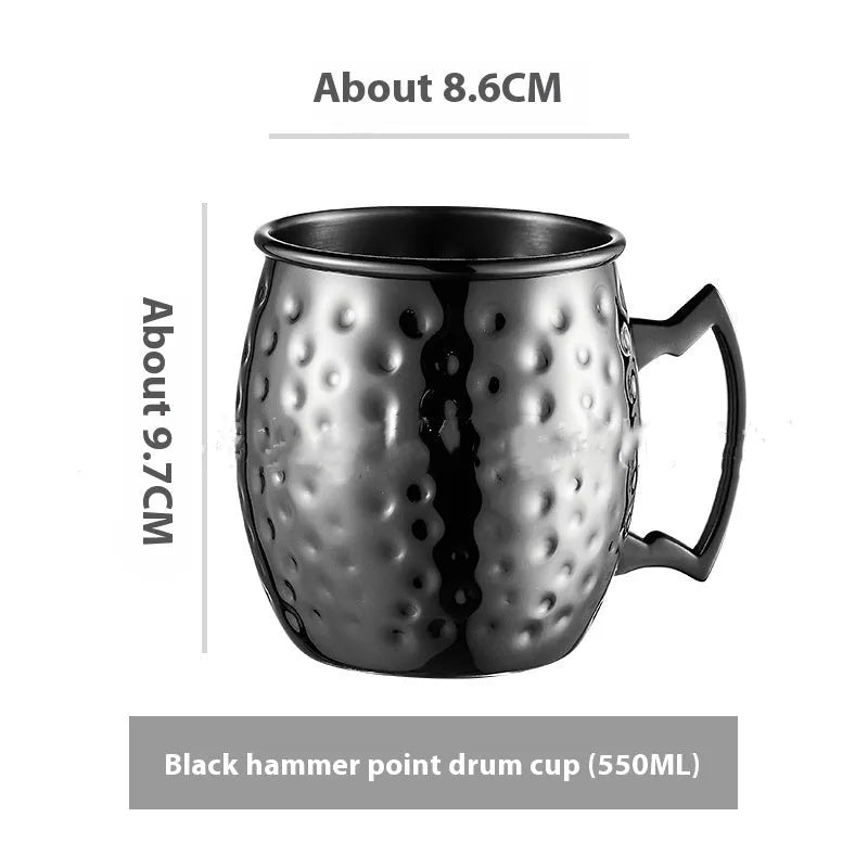 Stainless steel Moscow Mule copper plated glass cup in silver, gold, rose gold or black finish.