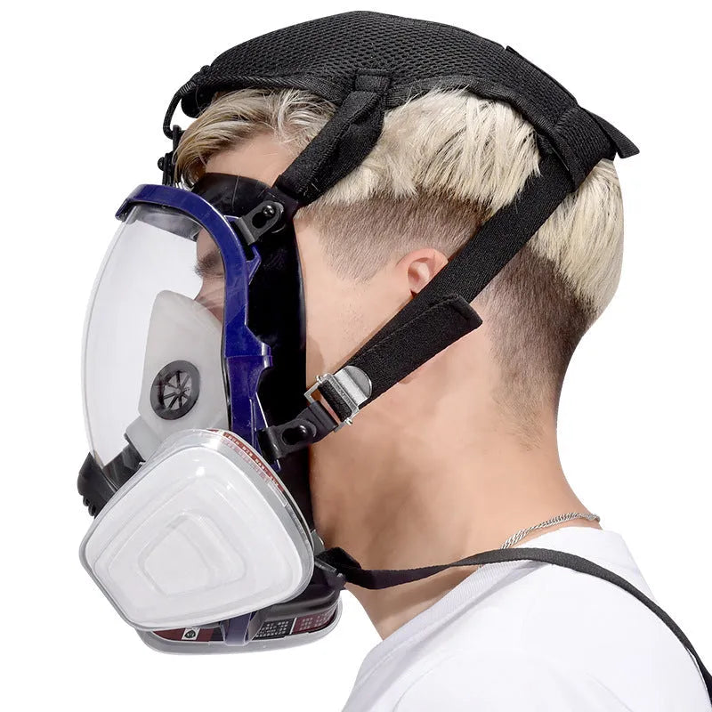 Blue edge spherical full face gas mask with trapezoidal canister for KN95 protection