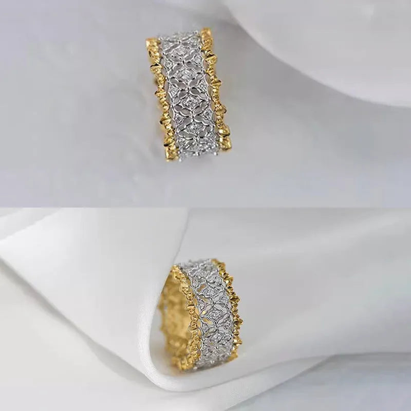 Gold and silver two-tone geometric zircon ring made from copper, showing a round design detail.