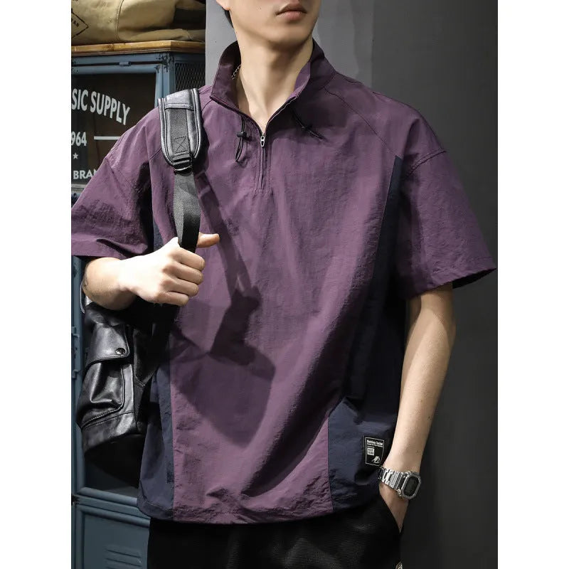 Men's brown half-zip stand collar business casual shirt with short sleeves and ice silk fabric