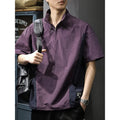 Men's brown half-zip stand collar business casual shirt with short sleeves and ice silk fabric