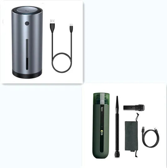 BASEUS wireless handheld car vacuum cleaner in black, white, or green with blowing hose attachment.