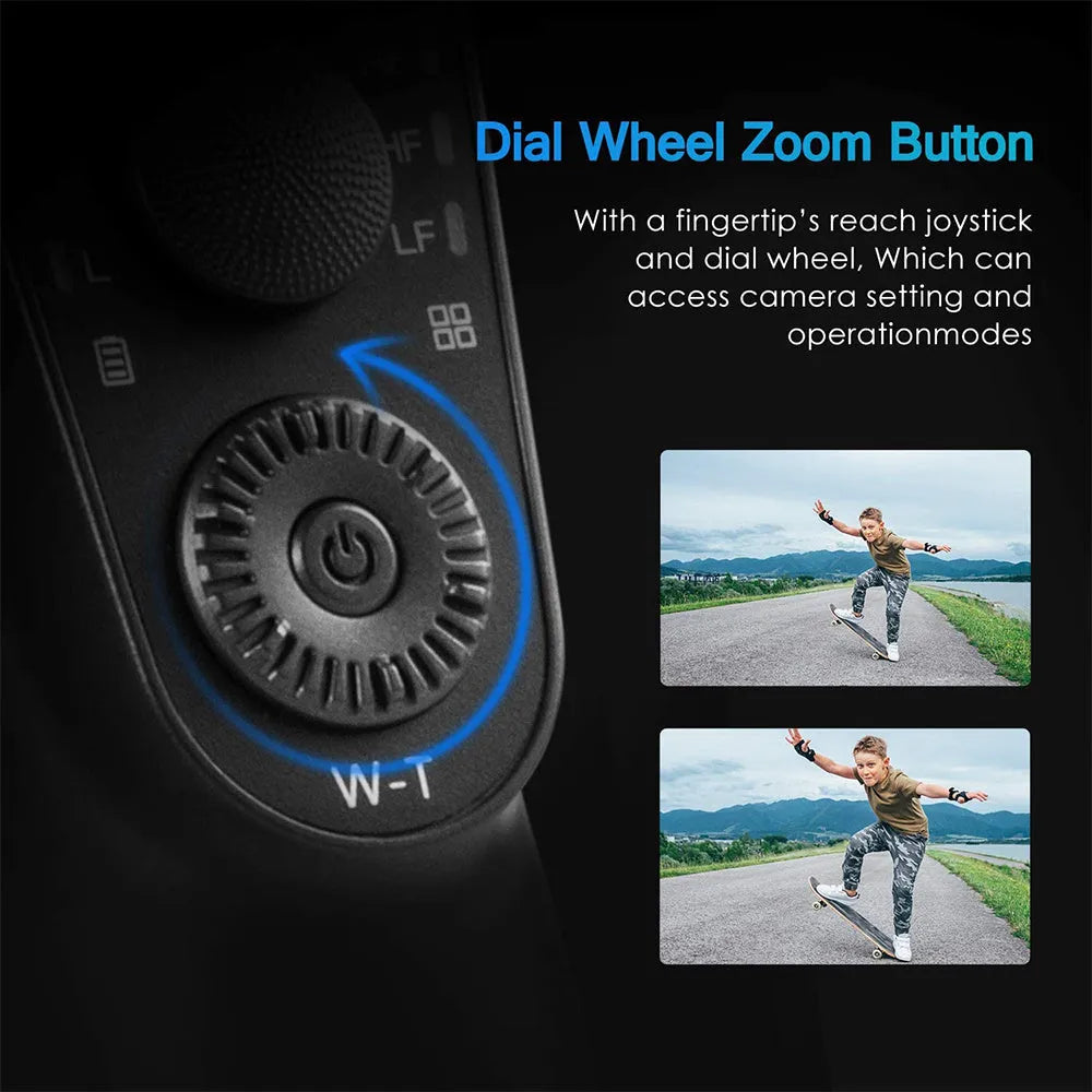 Black three-axis handheld gimbal stabilizer for mobile phones showing PTZ mechanism and handle