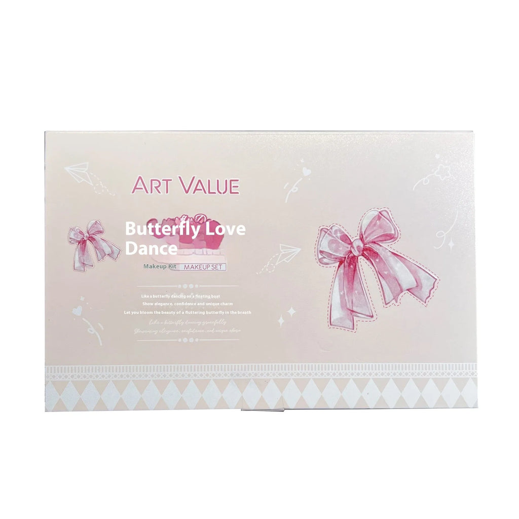 Butterfly box makeup set containing four matte lip mud tubes, powder blusher compact and adjustable necklace