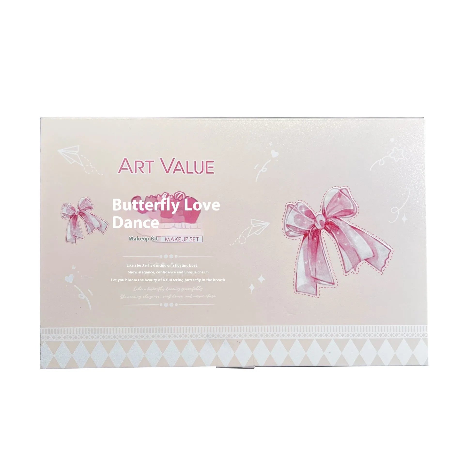 Butterfly box makeup set containing four matte lip mud tubes, powder blusher compact and adjustable necklace