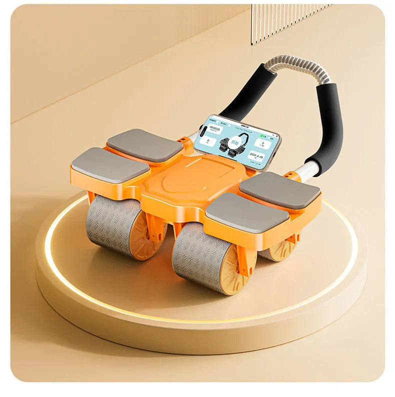 A black abdominal exercise wheel with four wheels and an automatic rebound mechanism.