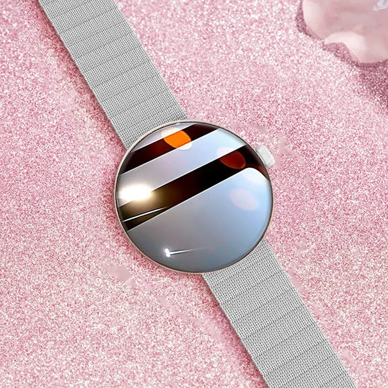 Female smart watch with circular dial, metal strap, and color screen showing heart rate data