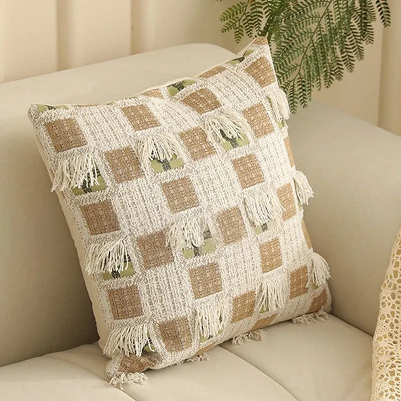 45cm square jacquard waist pillow cushion cover with plant and flower pattern in retro Nordic style.