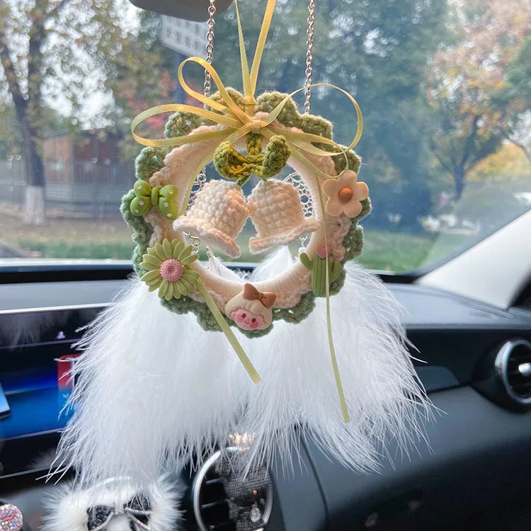 Hand-woven wool bell orchid car pendant in green, pink, purple and yellow colour options
