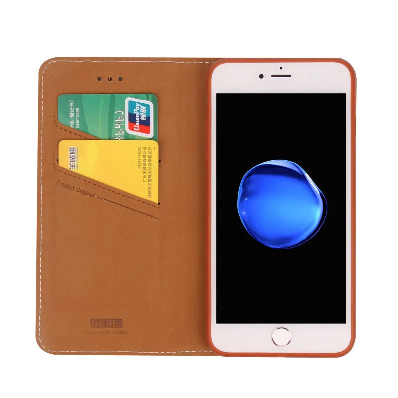 Black PU leather wallet-style case open to show card slots, next to an iPhone.