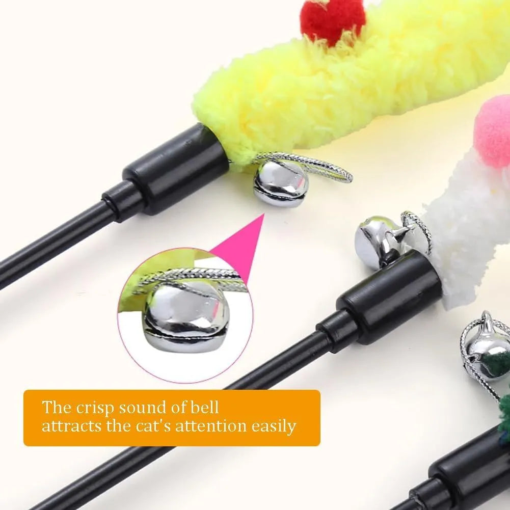 Blue cat wand toy with 41cm pole, 60cm plush strip, and colourful fluffy ball with bells